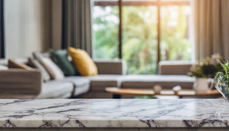 marble counter with copy space for your product in blurred living room backgroundの素材