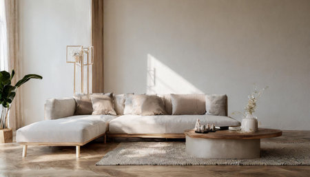 Modern minimalist living room interior mock up with gray sofa and palm tree, gray living room interior background, scandinavian style, living room in gray tones, 3d renderingの素材