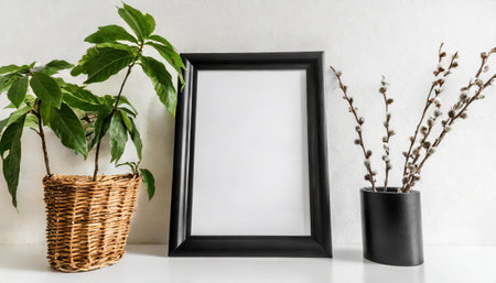 Mock up black frame with plant and branches on a shelf or desk. White shelf and wall. Portrait frame orientation.の素材