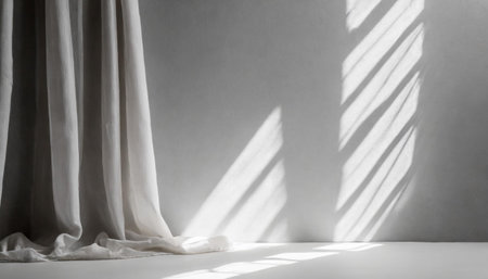 minimalistic abstract gentle light gray background for product presentation with light and shadow of window curtains on wallの素材