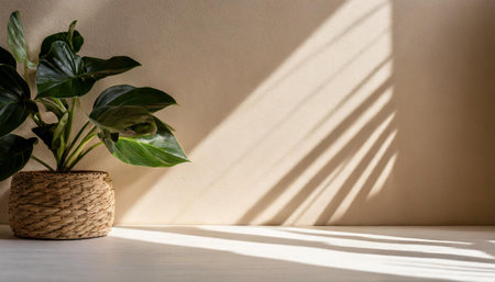 Minimalistic abstract gentle light beige background for product presentation with light and intricate shadow from the window and vegetation on wall.の素材