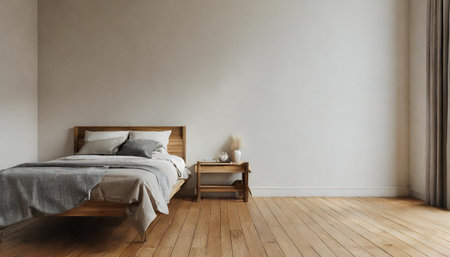 Minimal bedroom wall mock up with wooden side table on wooden floor. 3d illustration.の素材