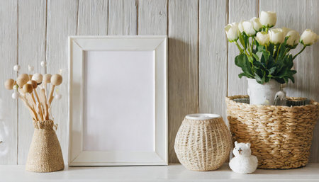 Mock up poster frame in children's room with natural wooden furniture on beige background, 3d renderの素材