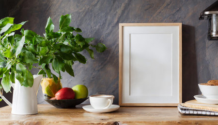 Frame mockup in kitchen interior background, Farmhouse style, 3d render,Modern poster frame mockup, minimal room design on white interior background, wooden frames mock up,の素材