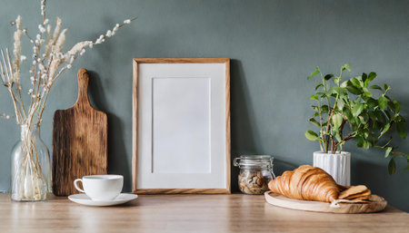 Frame mockup in kitchen interior background, Farmhouse style, 3d render,Modern poster frame mockup, minimal room design on white interior background, wooden frames mock up,の素材
