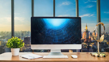 Technology, communication and remote job concept. Front view of nice workplace of female copywriter with fresh flowers, mug and generic desktop computer with blank display for your advertising contentの素材