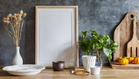 Frame mockup in kitchen interior background, Farmhouse style, 3d render,Modern poster frame mockup, minimal room design on white interior background, wooden frames mock up,の素材