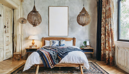 Create ethnic style bedroom interior with mock up poster.の素材