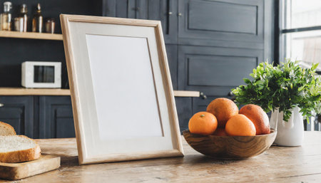 Frame mockup in kitchen interior background, Farmhouse style, 3d render,Modern poster frame mockup, minimal room design on white interior background, wooden frames mock up,の素材