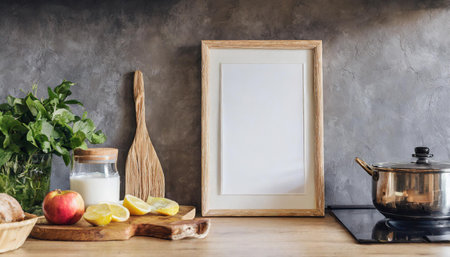 Frame mockup in kitchen interior background, Farmhouse style, 3d render,Modern poster frame mockup, minimal room design on white interior background, wooden frames mock up,の素材