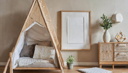 Mock up poster frame in children's room with natural wooden furniture on beige background, 3d renderの素材