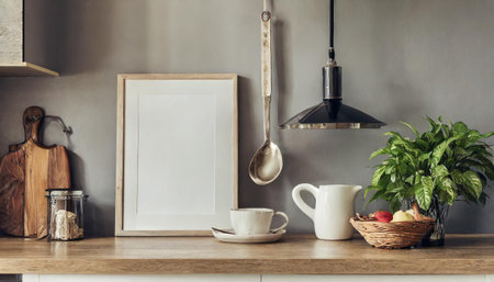 Scandinavian interior poster mock up with horizontal wooden frames, light gray sofa on wooden floor, wooden side table and green plant in living room with white wall.の素材