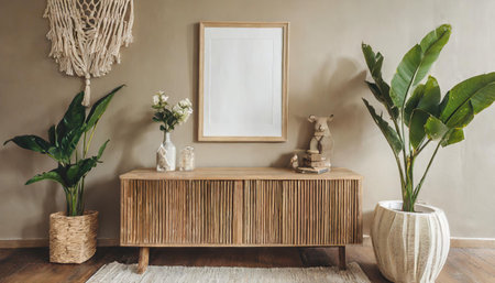 Mock up frame in home interior background, beige room with minimal decorの素材