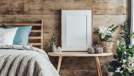 Mock up frame in cozy home interior background, coastal style bedroom, 3d renderの素材