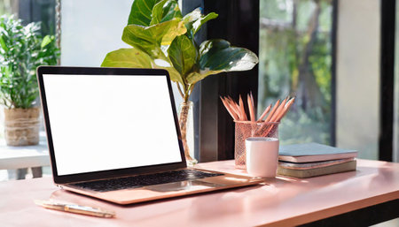 screen blank laptop table background white mockup computer business technology office notebook work display portable home desk workspace view room wooden workplace cyberspace open designの素材