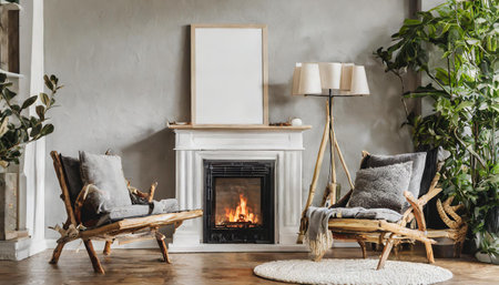 Mock up poster in modern home interior with fireplace, Scandinavian style, 3d renderの素材
