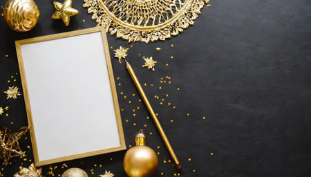 Mockup of a frame in black and gold with greenery. stylish product poster design.の素材