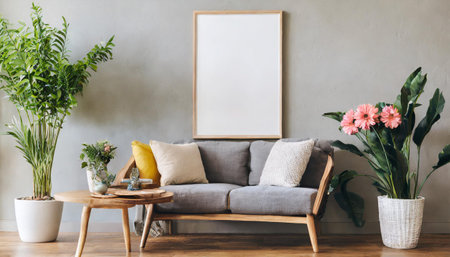 Mock up poster, interior composition, sofa, wood chair, flower and white poster, 3d render,の素材