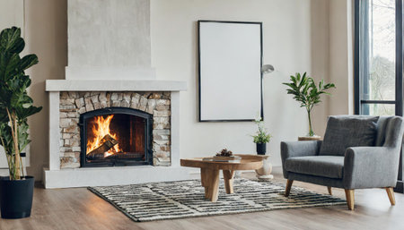 Mock up poster in modern home interior with fireplace, Scandinavian style, 3d renderの素材