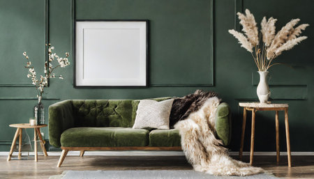 Mock-up frame in dark green home interior with sofa, fur, table and branch in vaseの素材