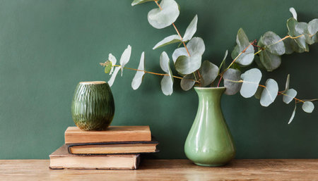 Modern interior close up with Eucalyptus in green vase, books and wooden frame. Wooden shelf and green wallの素材