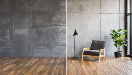 A mock model is set up on a white concrete wall and wooden floor in a contemporary gray room before and after repairs.の素材