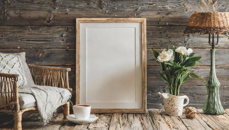 Mockup frame in farmhouse living room interior, 3D renderの素材