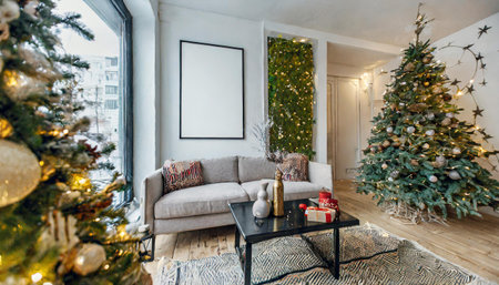 mock up poster in the christmas interior in scandinavian style 3d renderingの素材
