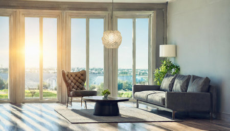 Modern loft style living and dining room with garden view 3d render There are whte paint wall and concrete floor overlooking nature view background sunlight shining into the roomの素材