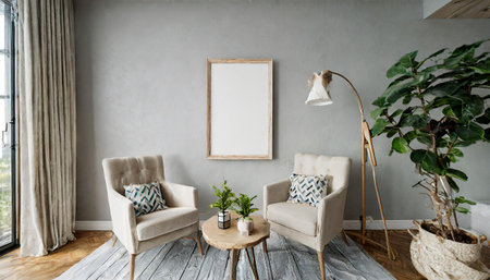 mock up posters in living room interior. Interior scandinavian style. 3d rendering, 3d illustrationの素材