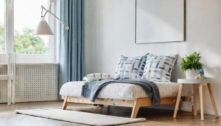 Empty white wall in modern child room. Mock up interior in scandinavian, boho style. Copy space for your picture or poster. Bed, armchair, toys, rattan basket. Cozy room for kids. 3D renderingの素材