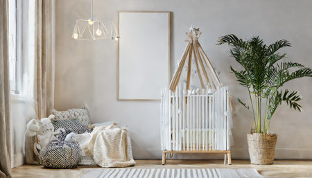 Empty white wall in modern child room. Mock up interior in scandinavian, boho style. Copy space for your picture or poster. Bed, armchair, toys, rattan basket. Cozy room for kids. 3D renderingの素材