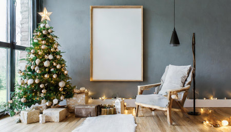 mock up posters in living room Christmas interior. Interior scandinavian style. 3d renderingの素材