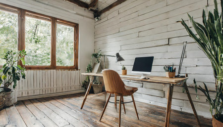 mock up wall in bright farmhouse interior background, wooden office, 3d renderの素材