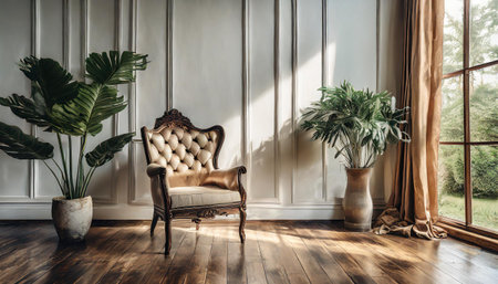 Plant against a white wall mockup. White wall mockup with brown curtain, plant and wood floor. 3D illustrationsの素材