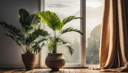 Plant against a white wall mockup. White wall mockup with brown curtain, plant and wood floor. 3D illustrationsの素材