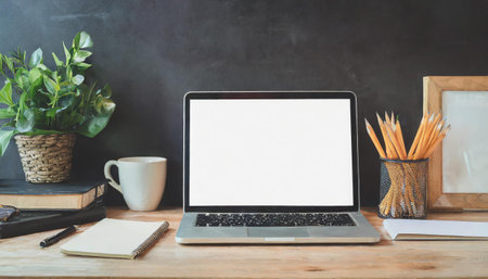 Open blank laptop in modern workplace with office supplies and decorationsの素材