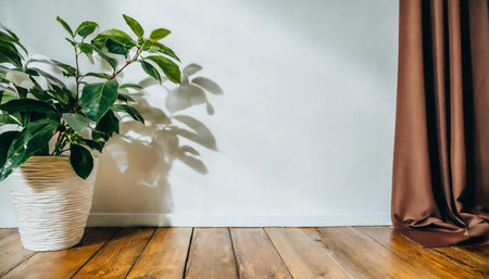 Plant against a white wall mockup. White wall mockup with brown curtain, plant and wood floor. 3Dの素材