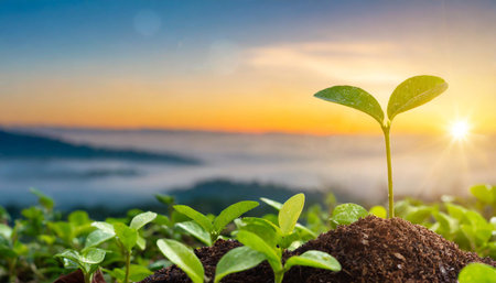 panorama small tree growing with sunrise green world and earth day conceptの素材