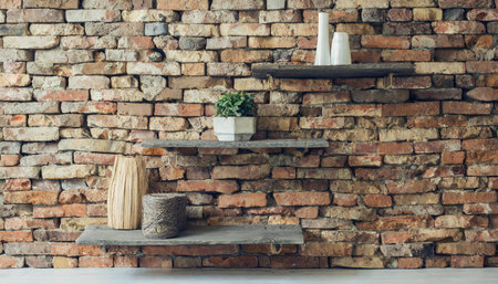 wooden plank shelf with black brick wall backgroundの素材