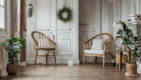 mock up wall in boho interior background, wooden living room design, Scandinavian style, 3d renderの素材