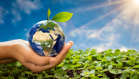 Ecology concept Green earth with stress world environment and earth day, Sustainable green Eco-friendly creative idea concept design,の素材