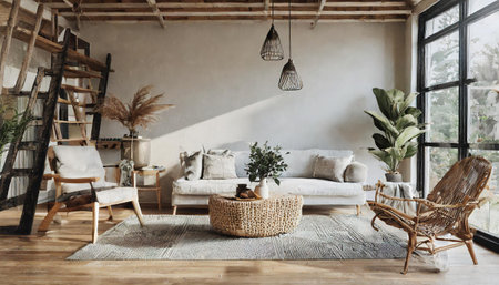 mock up wall in boho interior background, wooden living room design, Scandinavian style, 3d renderの素材