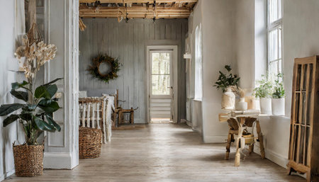 mock up wall in boho interior background, wooden living room design, Scandinavian style, 3d renderの素材