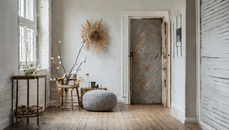 mock up wall in boho interior background, wooden living room design, Scandinavian style, 3d renderの素材