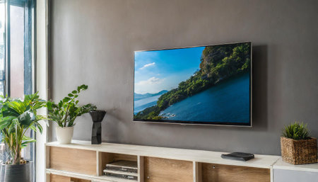smart tv mockup hanging on the concrete wall in modern luxury interiorの素材