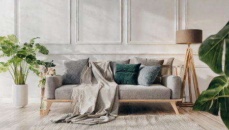 Scandinavian style interior with sofa and coffee table. Empty wall mock up in minimalist interior with pastel colors.の素材