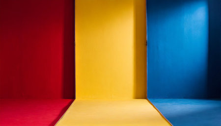 Studio backgrounds. Red, blue, yellow and blue walls for photography spaceの素材
