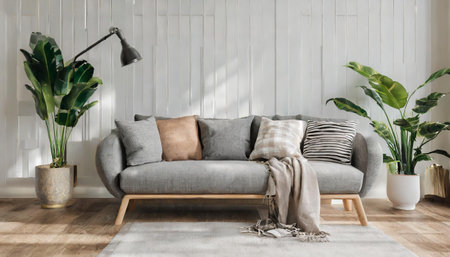 Scandinavian style interior with sofa and coffee table. Empty wall mock up in minimalist interior with pastel colors.の素材