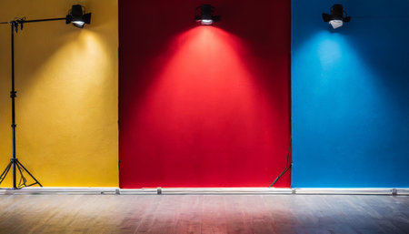 Studio backgrounds. Red, blue, yellow and blue walls for photography spaceの素材